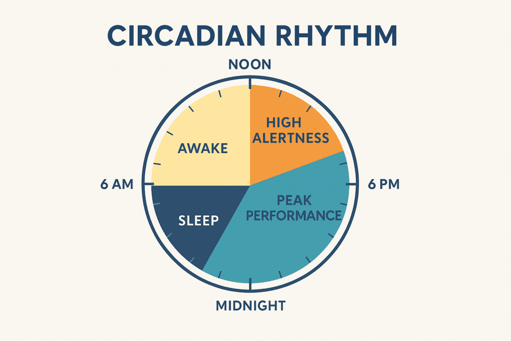 A tablet displaying a detailed circadian rhythm diagram rests on a wooden nightstand under the warm glow of a bedside lamp. The scene illustrates how visual tools can help individuals understand and apply circadian patterns to enhance biohacking routines and sleep quality.