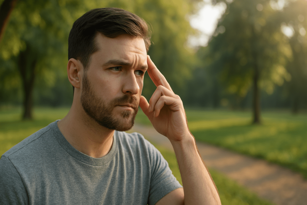 A young Caucasian man in his late twenties stands in a green park under warm golden light, his focused gaze reflecting thoughtful awareness. The natural surroundings and calm mood evoke how circadian rhythm psychology influences mental clarity, energy levels, and performance throughout the day.