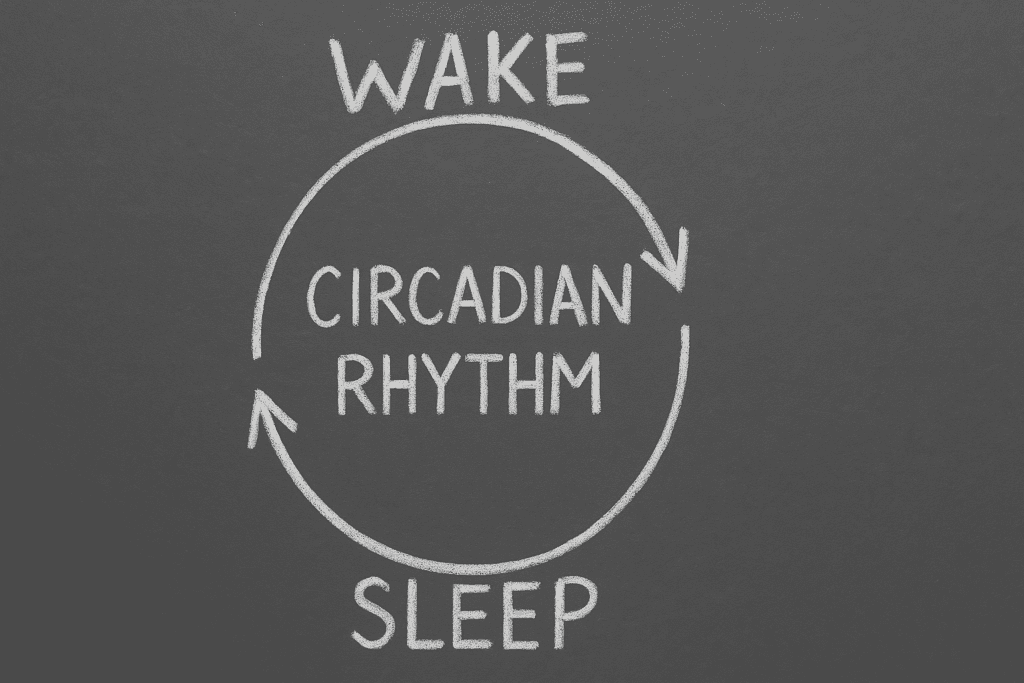 A close-up of a chalkboard shows a hand-drawn circadian rhythm diagram with bold white chalk lines, including arrows between the labeled “WAKE” and “SLEEP” phases and the phrase “CIRCADIAN RHYTHM” in the center. The minimalist design visually reinforces how the body clock regulates energy, focus, and longevity across a 24-hour cycle.