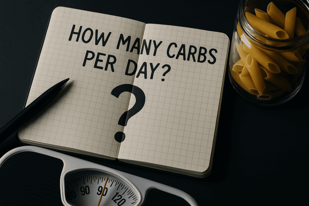 A moody, dramatically lit close-up of an open graph-paper notebook features the handwritten question “How Many Carbs Per Day?” alongside a jar of uncooked pasta and a mechanical kitchen scale. The scene highlights the concept of calculating daily carb intake for fat loss and metabolic health.