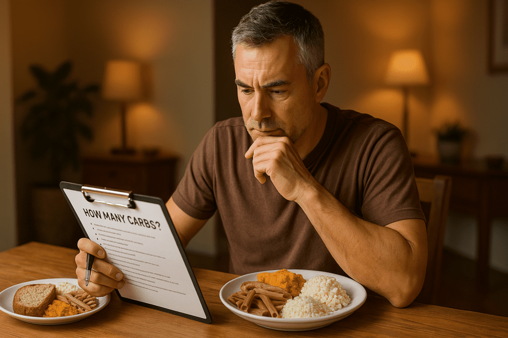 A middle-aged man with short salt-and-pepper hair sits at a wooden dining table under warm indoor lighting, analyzing a printed guide titled “How Many Carbs?” while surrounded by a plate of carb-based foods. The cozy kitchen environment and his focused expression reflect a thoughtful approach to carbohydrate intake for weight management and energy balance.