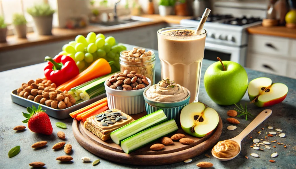 A vibrant spread of healthy post-workout snacks on a kitchen countertop, featuring a protein shake, mixed nuts, hummus with veggie sticks, and sliced apple with almond butter.
