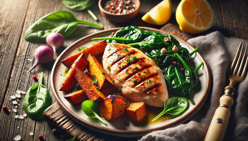 A close-up of a high-protein post-workout meal with grilled chicken breast, roasted sweet potatoes, and sautéed spinach, garnished with fresh herbs and lemon slices on a rustic wooden table.