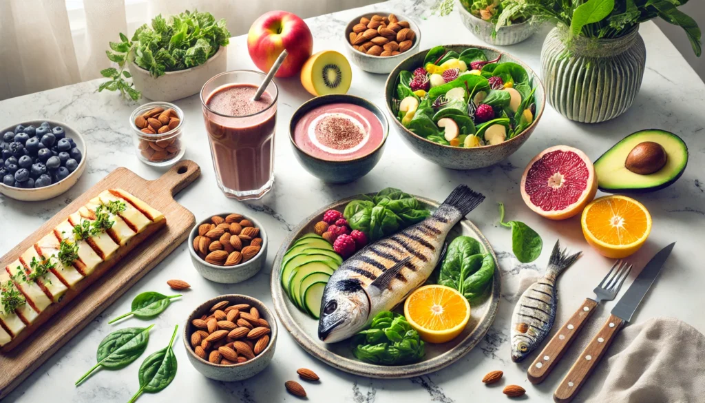 An artistic arrangement of post-workout recovery foods on a marble kitchen counter, including a smoothie bowl with fresh fruit, grilled fish with leafy greens, a bowl of almonds, and a glass of chocolate protein shake.