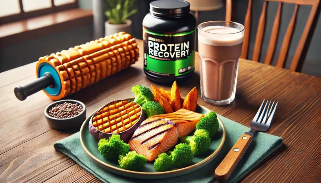 A muscle recovery meal featuring a grilled salmon fillet with roasted sweet potatoes and steamed broccoli, served on a wooden dining table. A protein shake and a foam roller are placed nearby, symbolizing protein's role in reducing soreness and supporting muscle repair.
