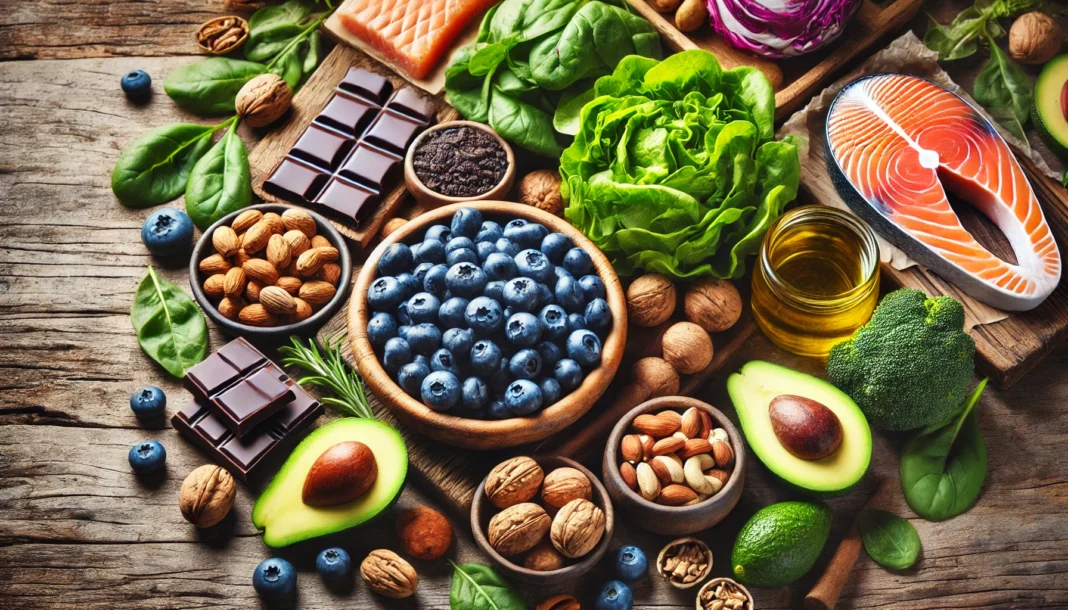 A variety of fresh, colorful foods known to help with anxiety and depression, including blueberries, dark chocolate, nuts, avocados, salmon, and leafy greens, artfully arranged on a rustic wooden table with natural lighting