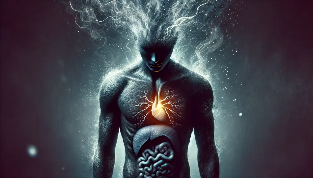 A human figure with dark, swirling energy surrounding the head, symbolizing mental distress. Faint glowing pain points appear on the chest, stomach, and limbs, indicating physical symptoms like aches and fatigue. The shadowy, cold background conveys isolation and emotional heaviness.