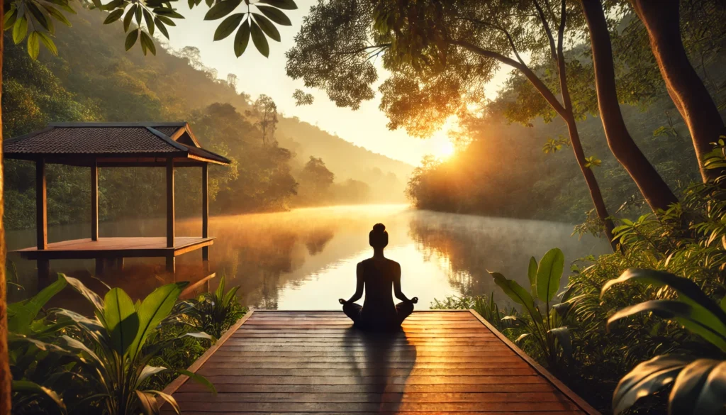A peaceful outdoor meditation scene at sunrise. A person sits cross-legged on a wooden platform overlooking a tranquil lake, surrounded by lush greenery. The soft morning light conveys mindfulness and relaxation.