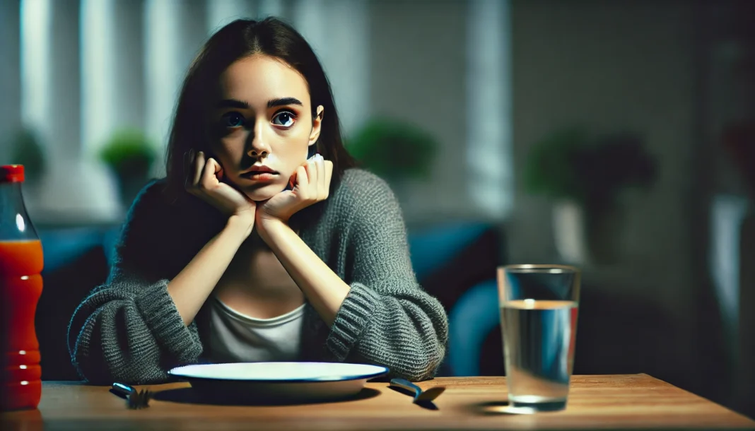 A young woman sitting at a dining table with an empty plate, looking anxious and distressed, in dim lighting that emphasizes her worry