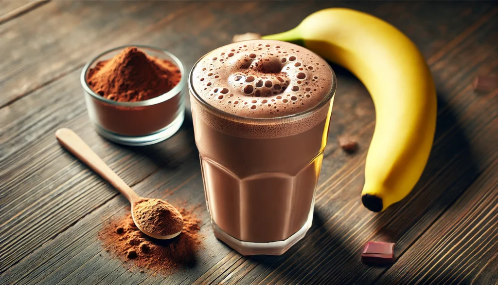 A thick chocolate protein shake with a frothy top in a glass, placed on a wooden countertop, surrounded by cocoa powder, a banana, and a scoop of protein powder, representing a delicious and nutritious post-workout drink.