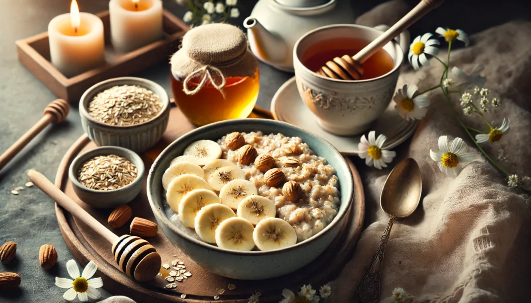 A cozy breakfast spread featuring a bowl of warm oatmeal topped with bananas and honey, alongside a cup of chamomile tea. The soft lighting creates a relaxing atmosphere, emphasizing comfort and digestive relief.