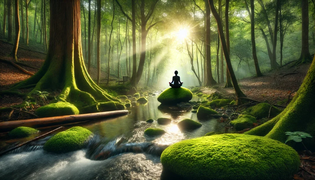 A serene forest setting with a person meditating on a moss-covered rock, surrounded by sunlight filtering through the trees and a tranquil stream, symbolizing mindfulness and meditation as alternative therapies