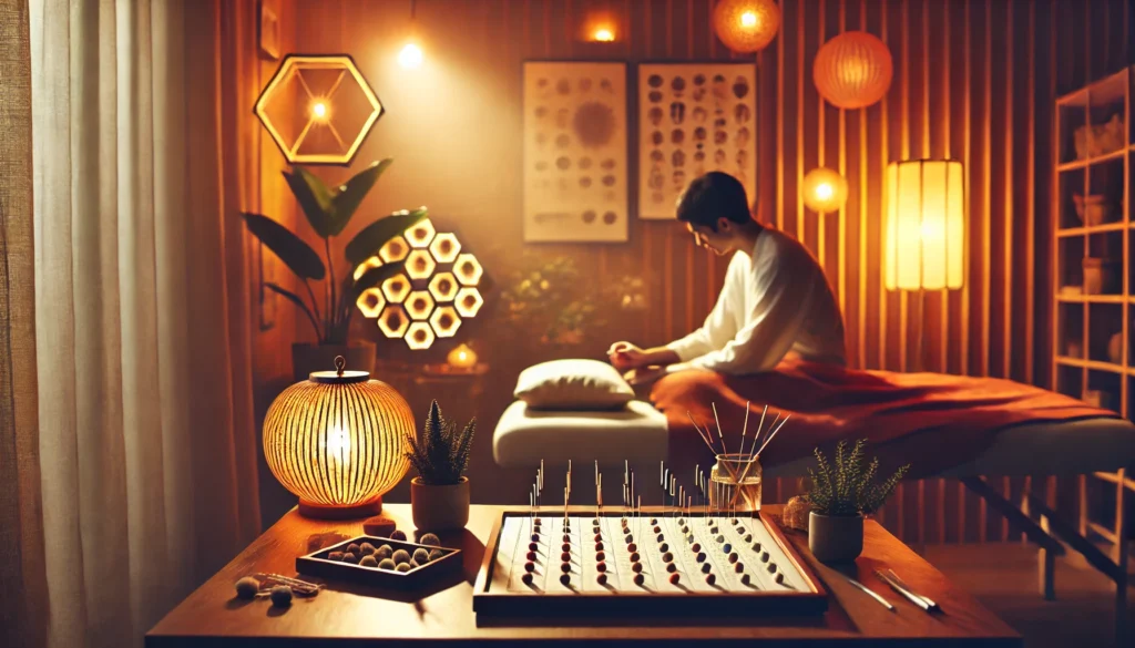 A cozy therapy room with warm lighting, where a therapist places acupuncture needles along energy points while soft music plays, evoking relaxation and healing