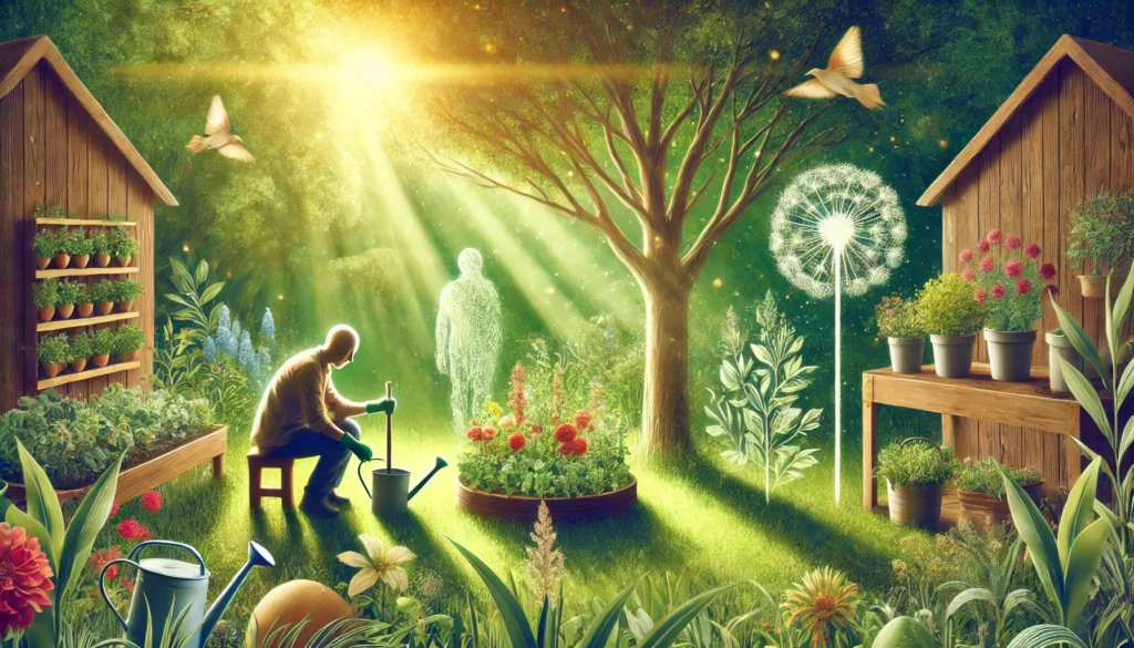 A lush green garden where a person plants flowers and tends to a vegetable patch, surrounded by birds and dappled sunlight, representing gardening as a healing activity for depression relief