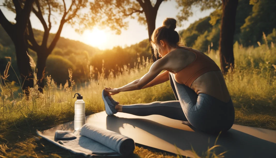 A fit individual stretching outdoors on a yoga mat at sunset, with a water bottle and towel beside them.