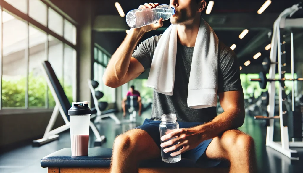 A person sitting on a gym bench, drinking water with a towel around their shoulders and a protein shake nearby.