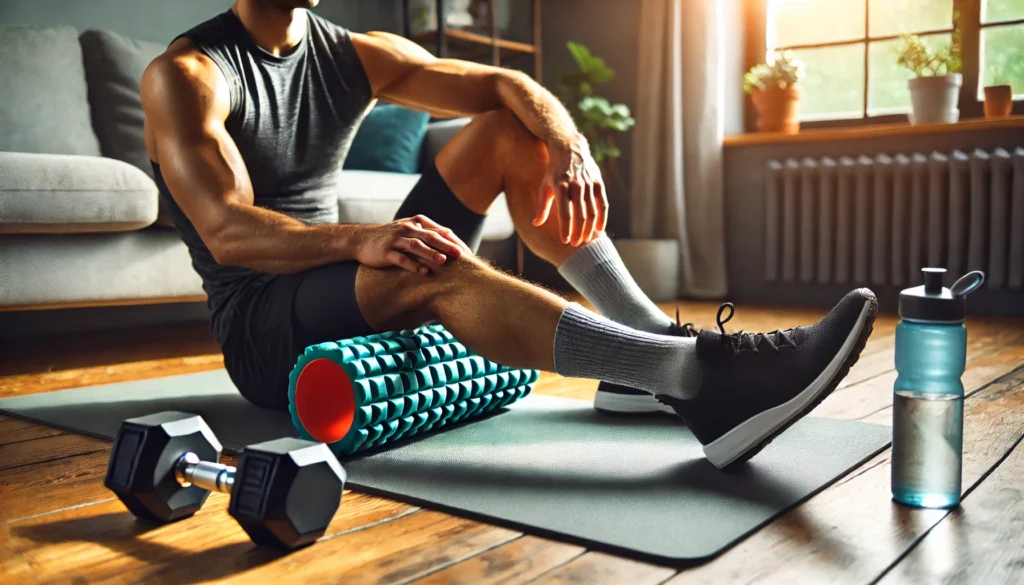A fit individual using a foam roller in a cozy home gym, with dumbbells and a water bottle nearby.