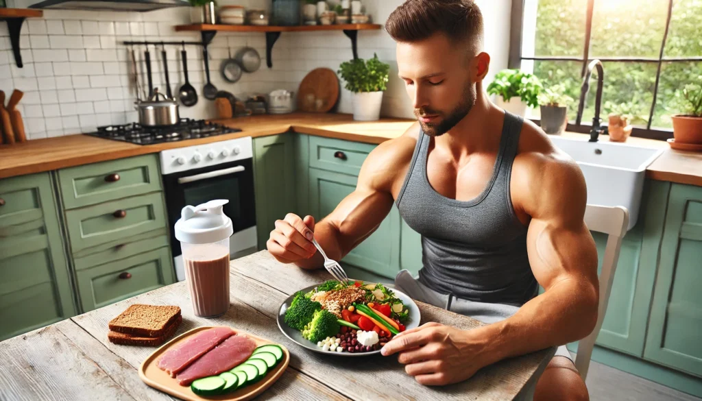 A person enjoying a balanced meal at a bright kitchen table, featuring lean protein, vegetables, and a protein shake.