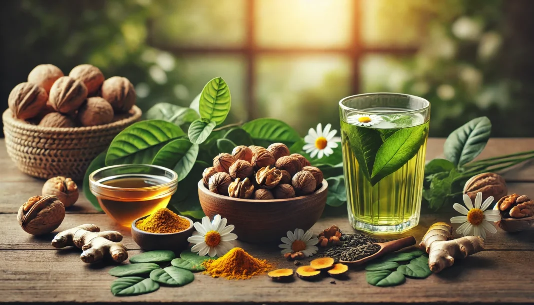 A serene still-life arrangement of natural mood stabilizers, including a bowl of walnuts, fresh green tea leaves, turmeric root, and a glass of chamomile tea, placed on a wooden table with soft natural lighting and a blurred greenery background