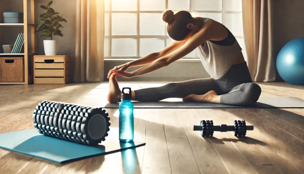 A person performing gentle post-workout stretching on a yoga mat in a bright and airy room. A water bottle and foam roller are nearby to emphasize muscle recovery and flexibility.