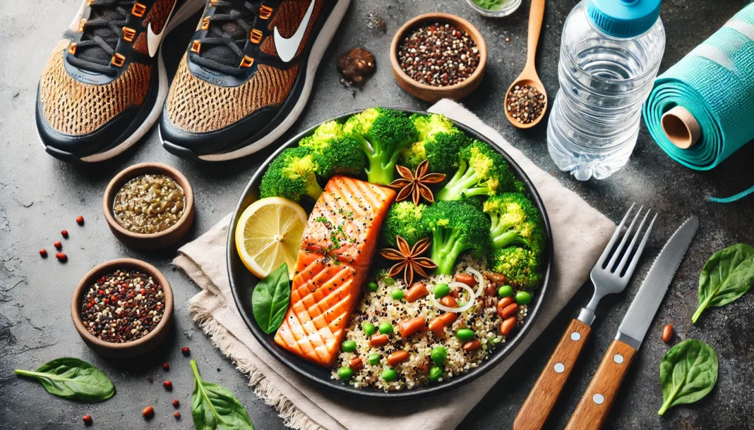 A nutrient-packed post-run recovery meal featuring grilled salmon, quinoa, and steamed broccoli on a plate. A water bottle and running shoes are placed in the background to emphasize athletic recovery.