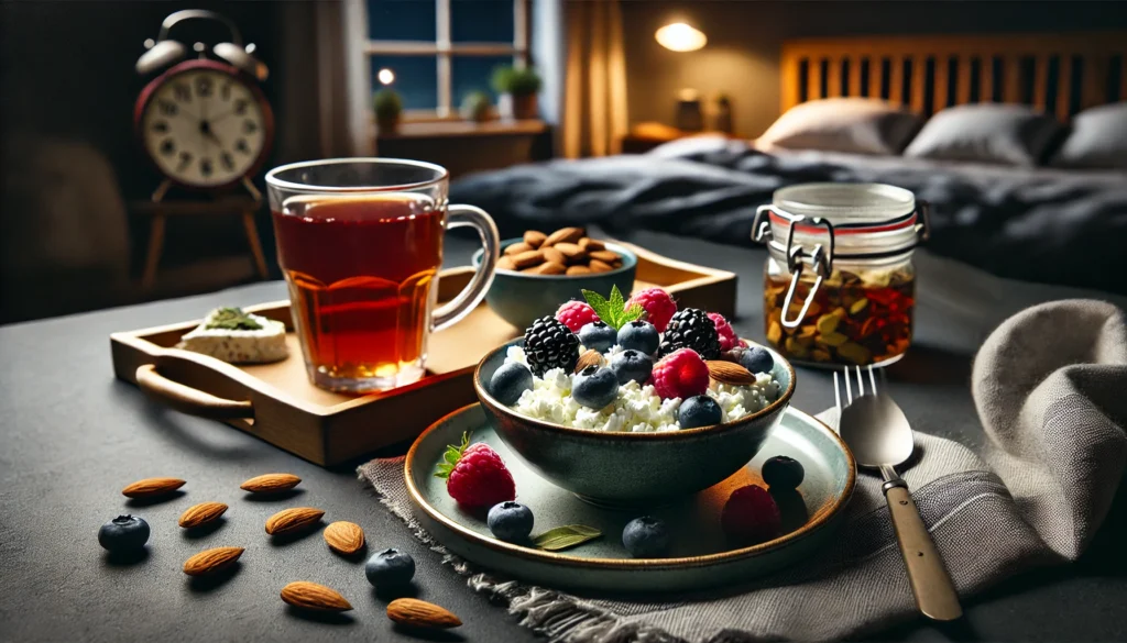 A light and healthy late-night post-workout meal featuring cottage cheese with mixed berries, a handful of almonds, and herbal tea. The background has dim lighting and a cozy nighttime setting to emphasize relaxation and recovery.