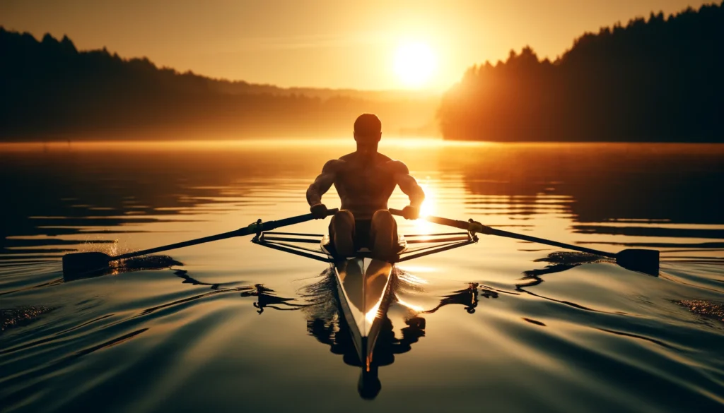 A person rowing on a calm lake at sunrise, with golden light reflecting off the serene water. The rower moves smoothly, demonstrating the benefits of rowing for aerobic endurance, cardiovascular health, and full-body stamina.