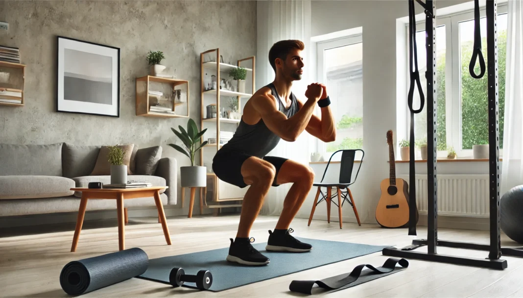 A fit runner performing bodyweight squats in a bright, modern home gym. The setting includes minimalistic workout equipment like resistance bands and a yoga mat, emphasizing strength training without a gym.