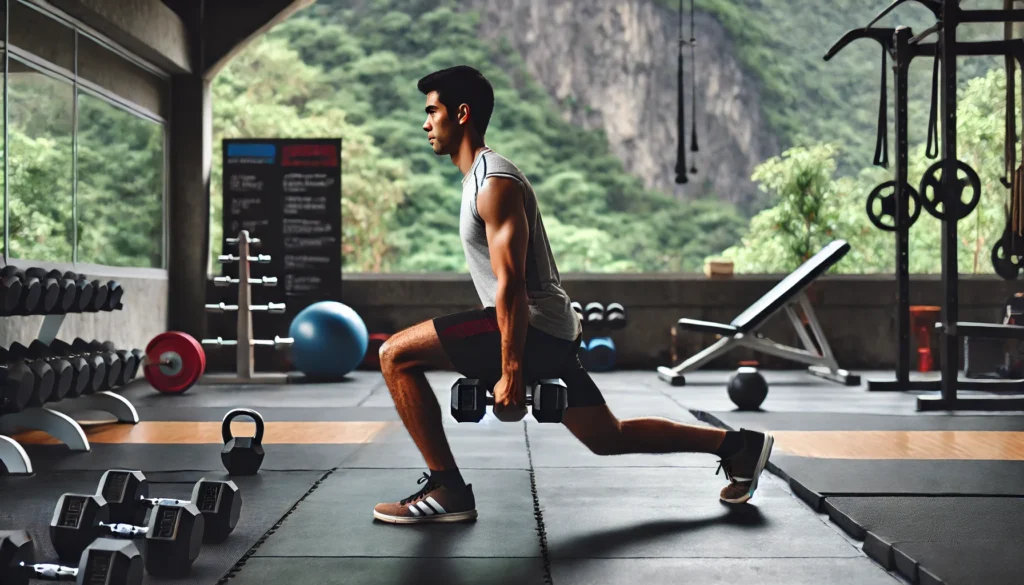 An athlete performing single-leg deadlifts with dumbbells in a gym, improving balance, strength, and stability. The gym setting includes training mats and weightlifting equipment, highlighting functional exercises for runners.