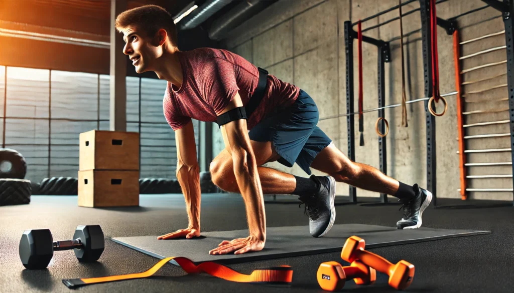 A runner performing mountain climbers on a mat in a gym, activating the core and lower body for endurance and strength. The gym background features dumbbells and resistance bands, emphasizing high-intensity full-body training for runners.