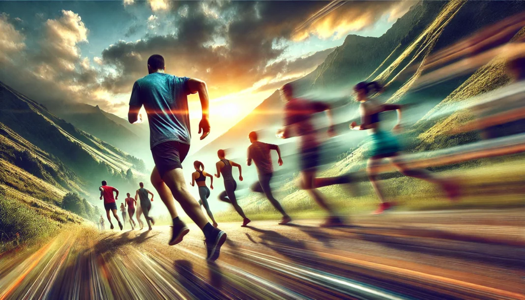 A group of athletes running uphill on a scenic trail, with motion blur emphasizing speed and endurance. The background features a mountainous landscape, symbolizing stamina training and high-intensity endurance workouts.