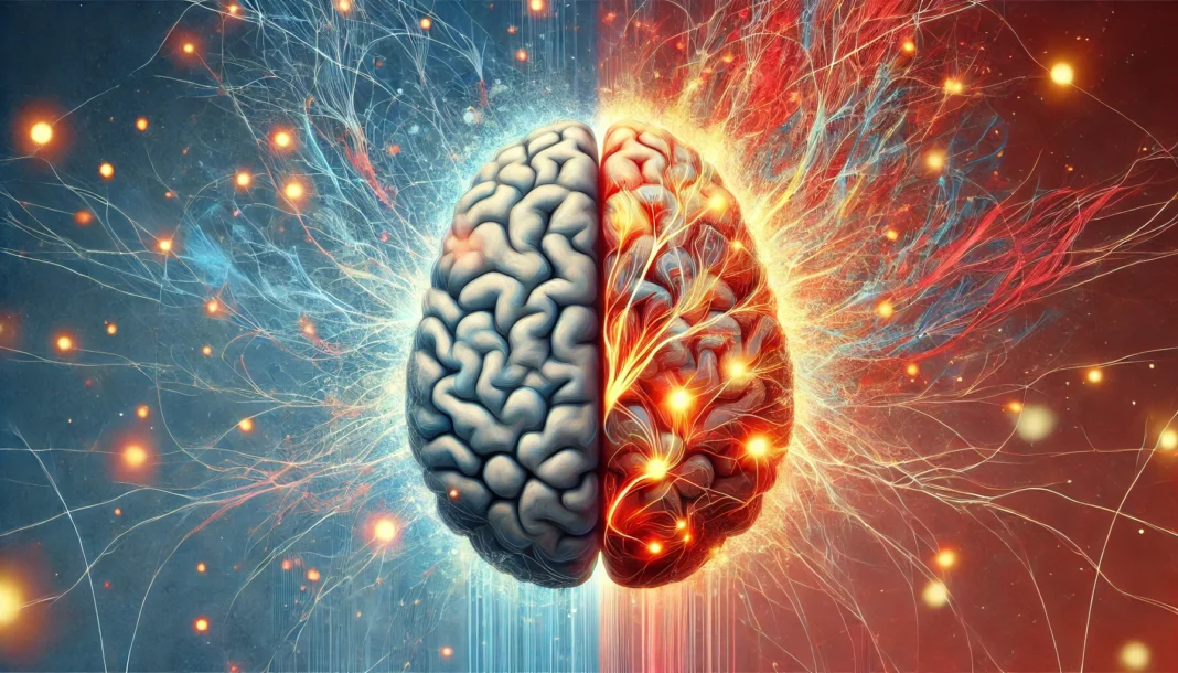 An artistic visualization of a brain split into two contrasting halves—one side calm and well-connected, the other chaotic with tangled neural pathways and stress points, symbolizing the impact of complex PTSD