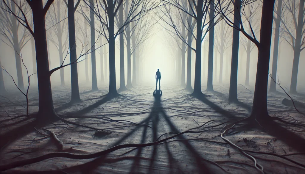 A shadowy figure stands in a barren forest with leafless trees. Their shadow stretches unnaturally long and dissolves into the ground, symbolizing the unseen burden of depression. The misty atmosphere creates a melancholic, eerie mood.