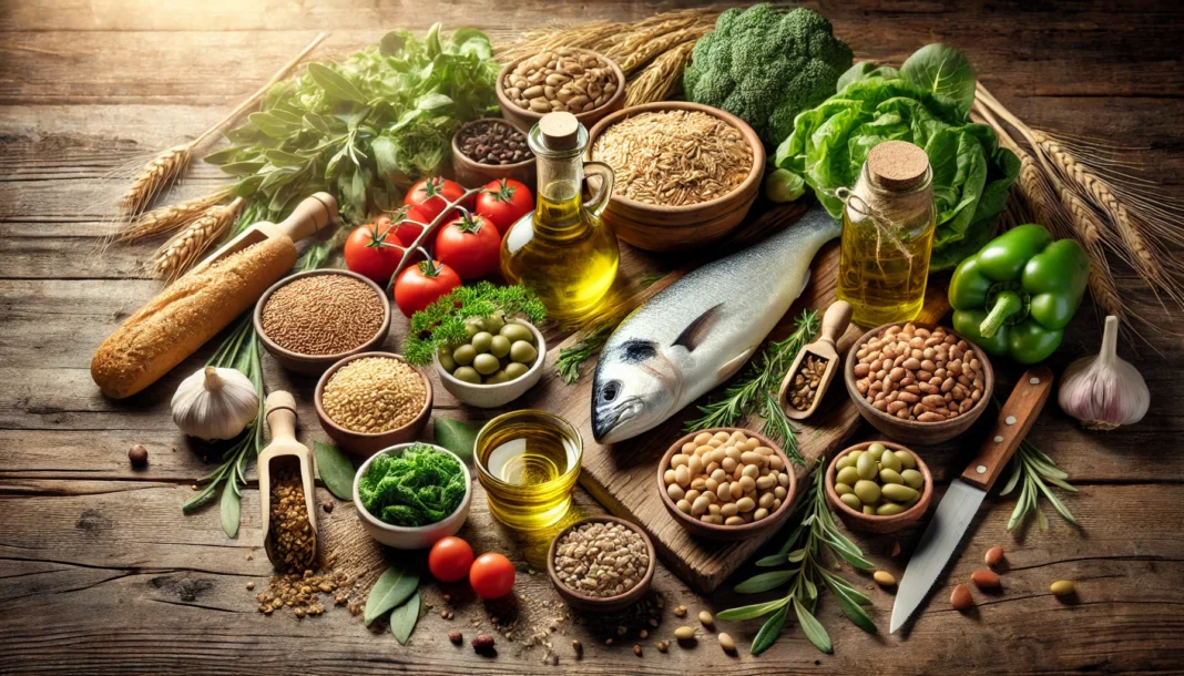 A rustic Mediterranean diet spread featuring olive oil, fresh fish, whole grains, legumes, tomatoes, and herbs, presented on a wooden table with warm, natural lighting.