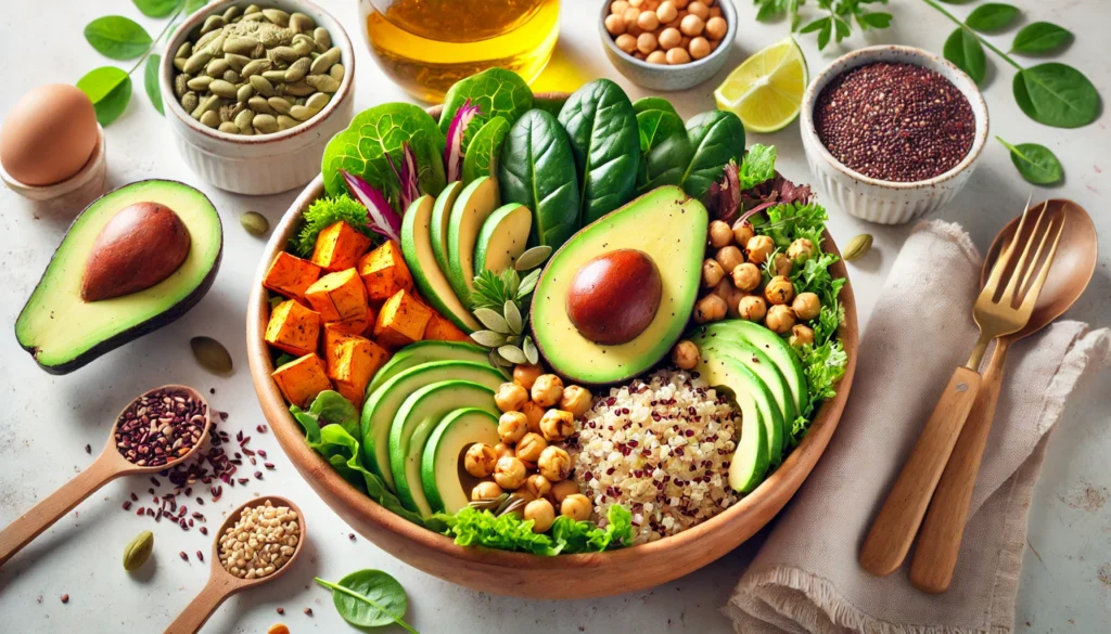 A colorful Buddha bowl with quinoa, leafy greens, chickpeas, roasted sweet potatoes, avocado, and seeds, representing a nutrient-dense, plant-based meal for longevity.