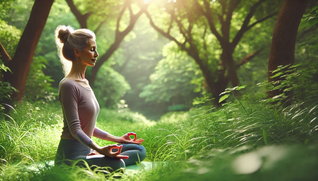 A serene and relaxed woman in her 40s practicing yoga outdoors in a peaceful natural setting, sitting in a meditative pose amidst lush greenery, representing mindfulness and holistic wellness for overall health.