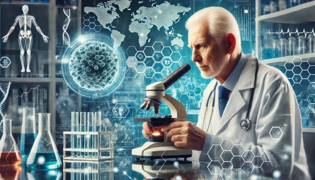 An elderly scientist in a futuristic research lab examining biological samples under a microscope, showcasing medical advancements and scientific innovations that contribute to longer, healthier lives.