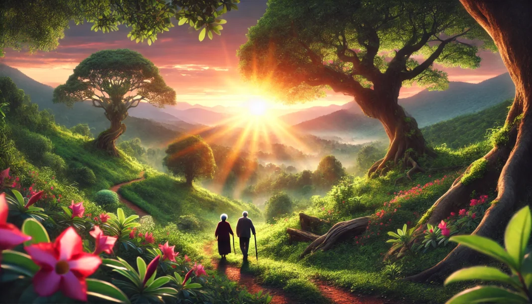 A peaceful sunrise over a lush green valley, where an elderly couple walks along a scenic trail, surrounded by nature, representing vitality, health, and the long-term benefits of caloric restriction.