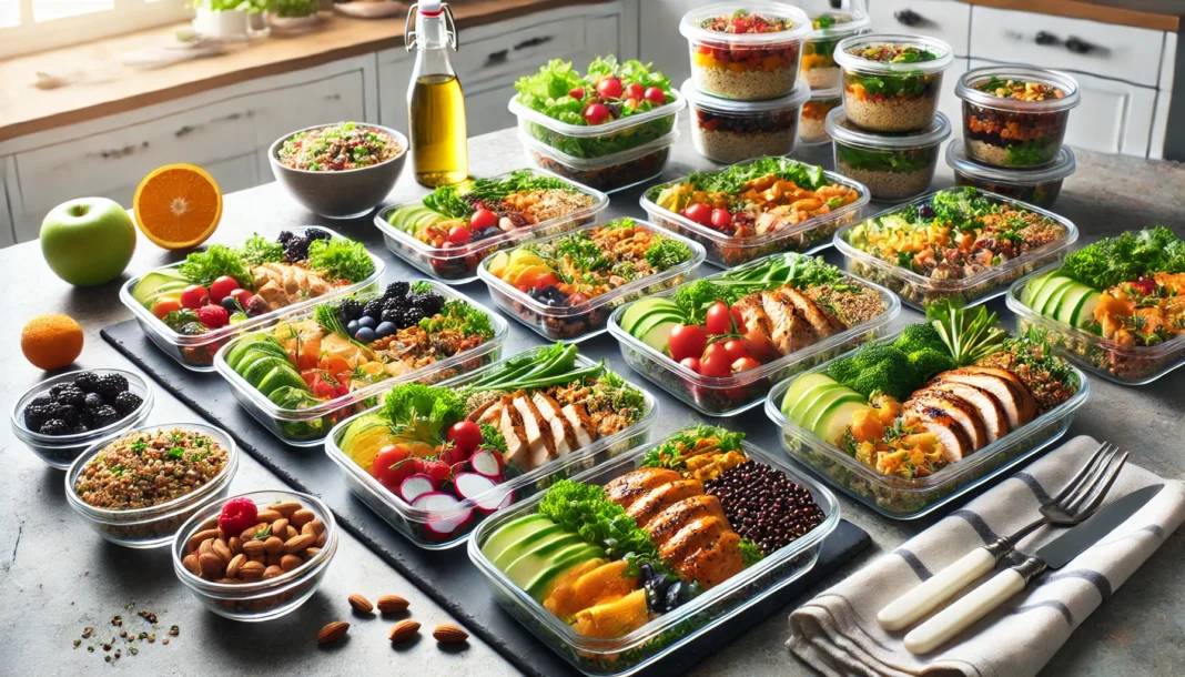 A beautifully arranged meal prep setup with multiple glass containers filled with nutritious meals, including colorful salads, grilled chicken with roasted vegetables, and quinoa bowls, set against a clean kitchen background with natural lighting.