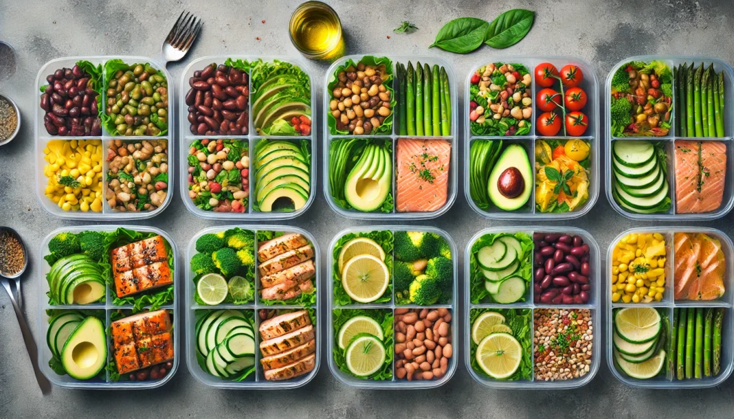 A top-down view of multiple meal prep containers, each representing a different dietary approach, including a ketogenic high-fat meal with avocado and salmon, a high-protein meal with grilled chicken and greens, a fiber-rich plant-based meal with beans and vegetables, and a Mediterranean dish with whole grains and olive oil, illustrating meal planning strategies for different diets.
