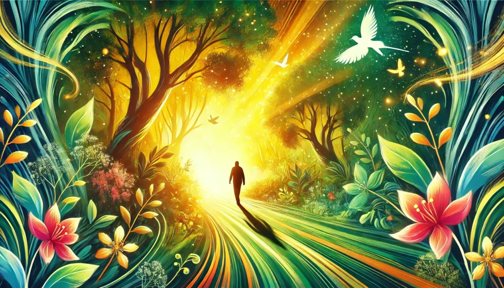 A person walking through a sunlit forest, with a bright path, blooming flowers, and birds soaring, symbolizing personal growth and mental well-being