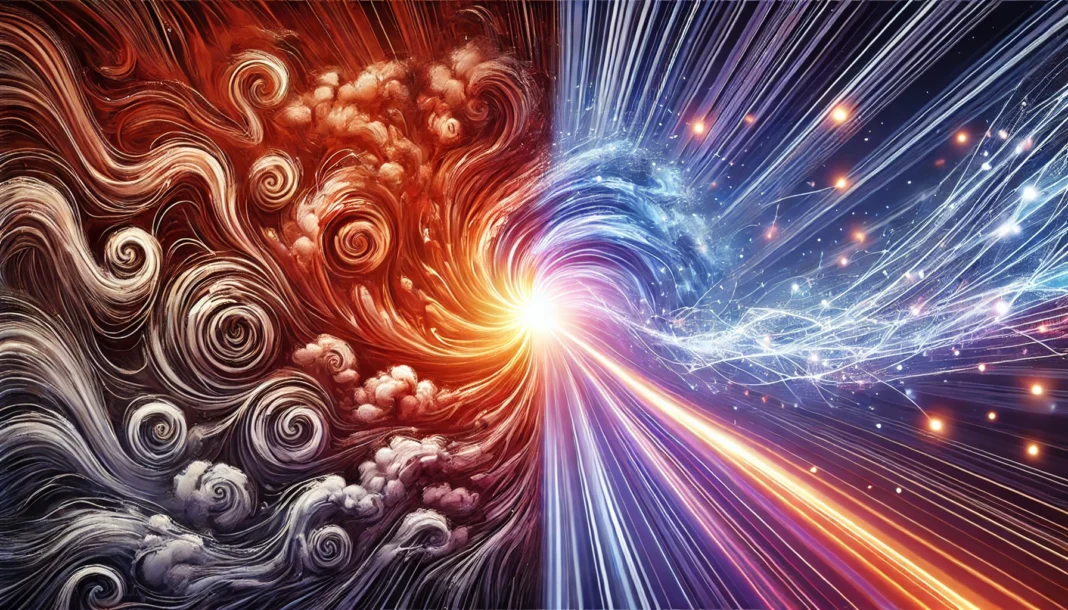 A dynamic digital artwork showing chaotic swirling energy transitioning into a sharp, radiant beam of focus. Colors shift from fiery reds and oranges to calming blues and purples, symbolizing the transformation of anxiety into clarity
