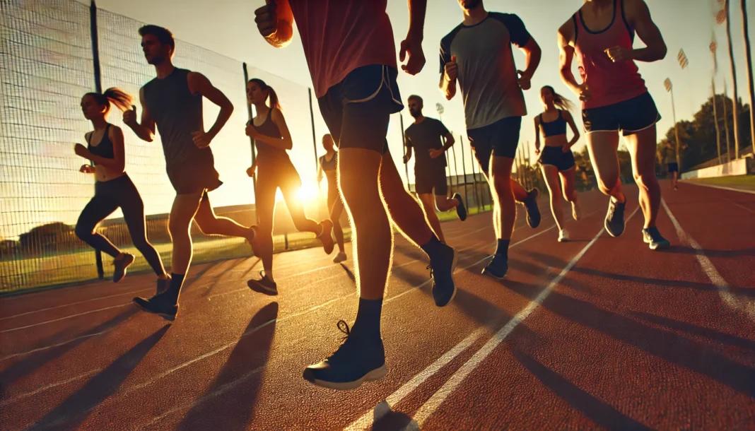 A group of athletes running on a track during sunrise, showcasing endurance training and cardiovascular fitness. The scene captures movement, energy, and determination, emphasizing aerobic exercise for stamina and heart health.