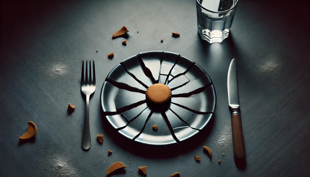 A cracked plate with a small portion of food sits on a dark table, symbolizing nutritional deficiencies and the fragility of health caused by extreme dieting.