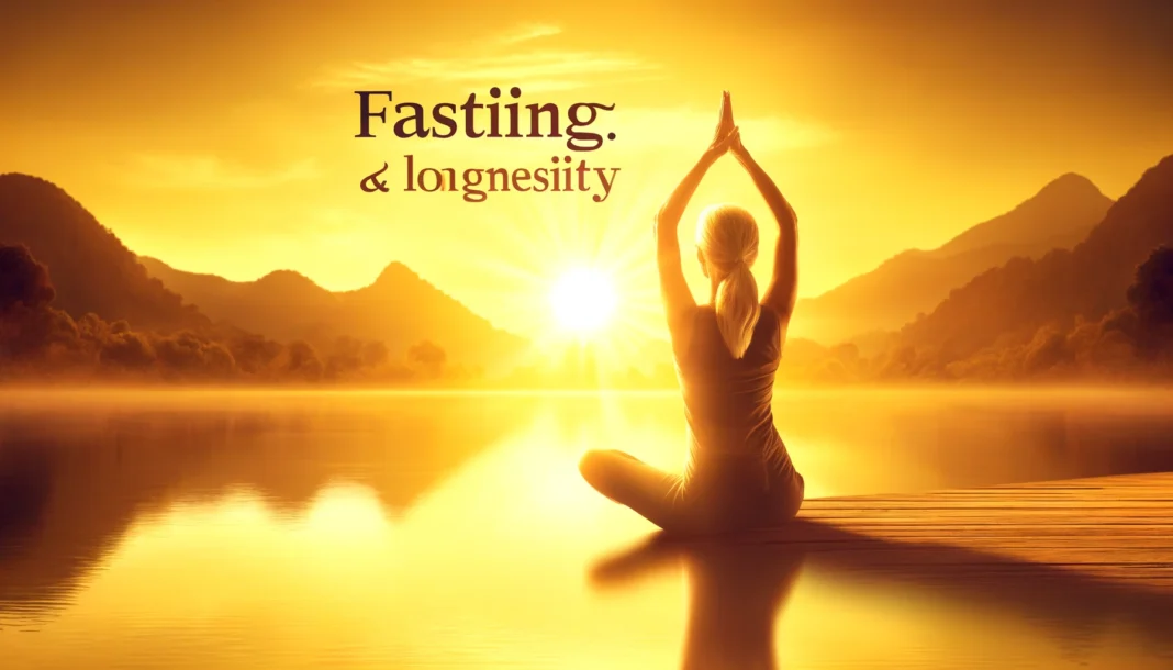 A healthy middle-aged woman practicing yoga at sunrise near a tranquil lake, symbolizing inner balance and the rejuvenating effects of fasting on the body.