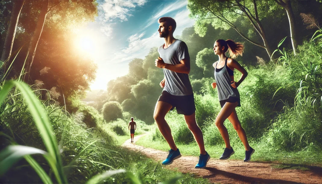 A fit man and woman jogging on a lush green trail, with determination on their faces and a bright morning sky, symbolizing the benefits of running for weight loss.