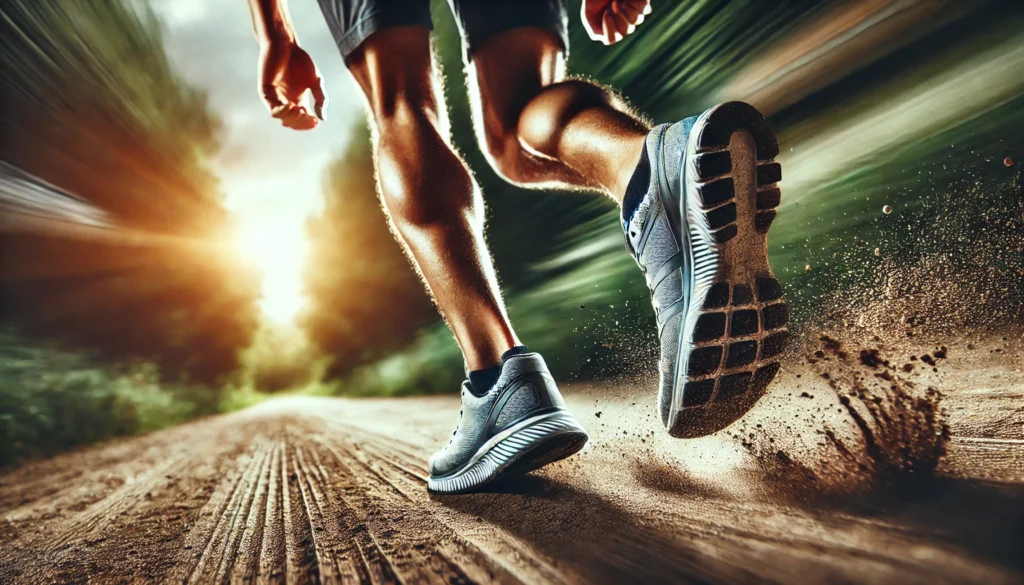 A close-up of running shoes in motion on a dirt path, with a blurred background to emphasize speed and effort.