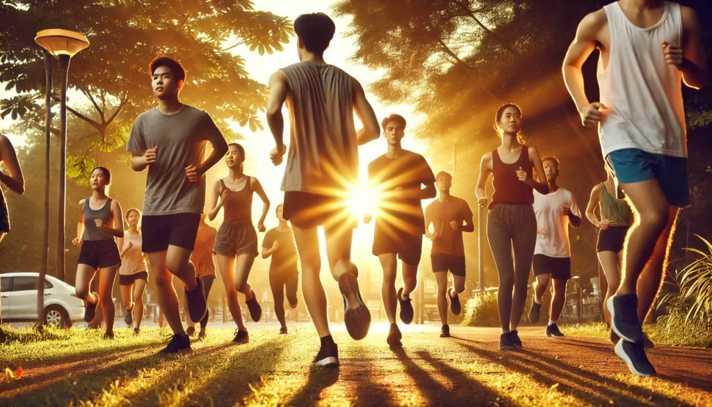 A diverse group of runners jogging together in a park during sunrise, illustrating motivation and community support in weight loss.