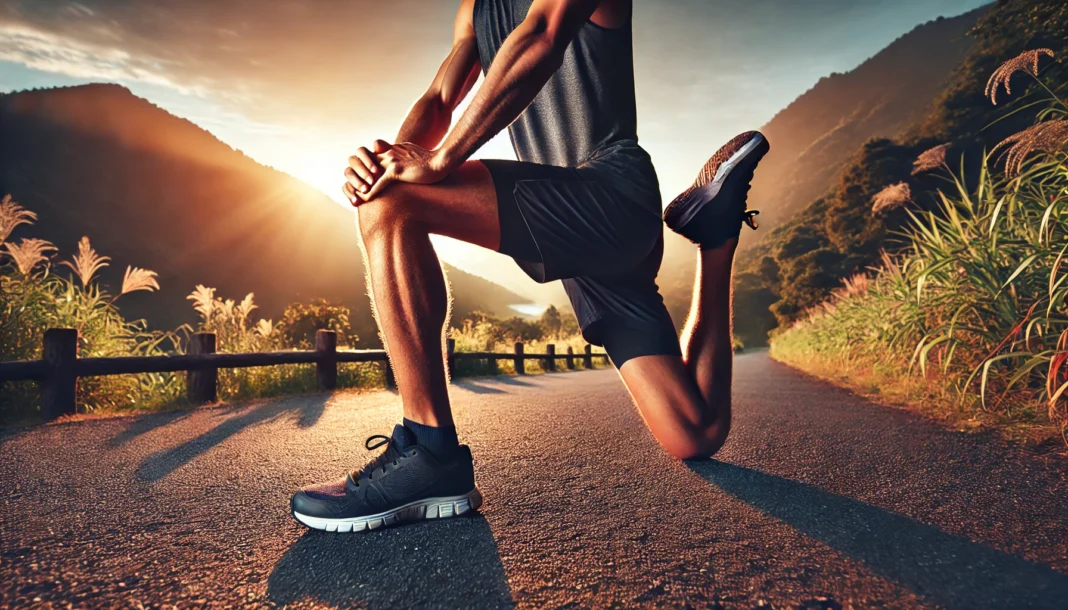 A runner stretching their legs before a run on a scenic outdoor trail at sunrise, focusing on proper warm-up to prevent knee pain.