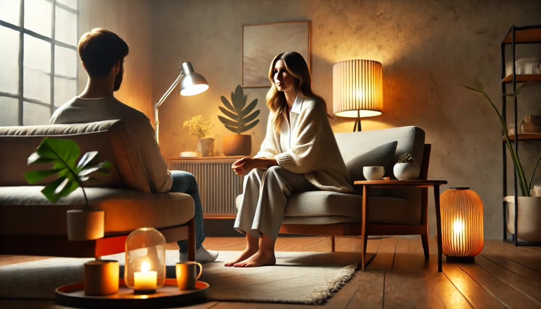 A professional therapist attentively listens to a client in a peaceful, well-lit counseling office, symbolizing emotional support and mental wellness